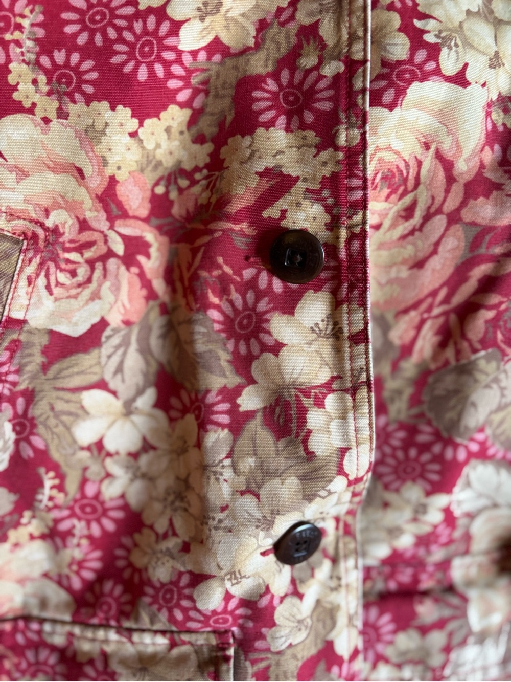 L.L. Bean Floral Utility Barn Jacket Red & Cream Floral w/Brown Corduroy Trim - Picture 4 of 7
